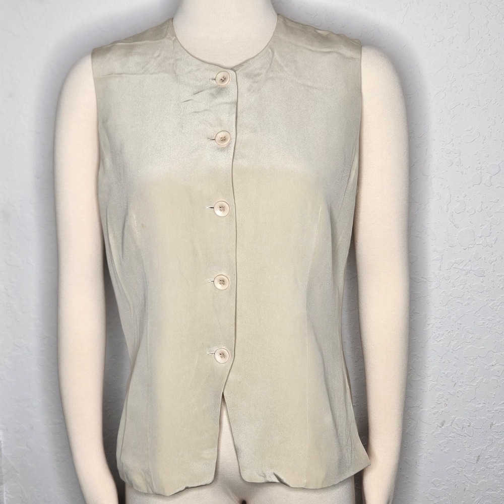 Vintage JOSEPHINE CHAUS 100% Silk Beige Button Front Sleeveless Vest Size 8